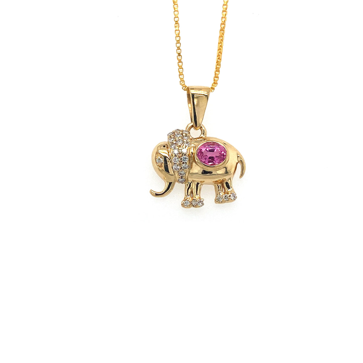 Kismet — Pink Sapphire & Diamond Elephant Pendant in 14K Solid Gold