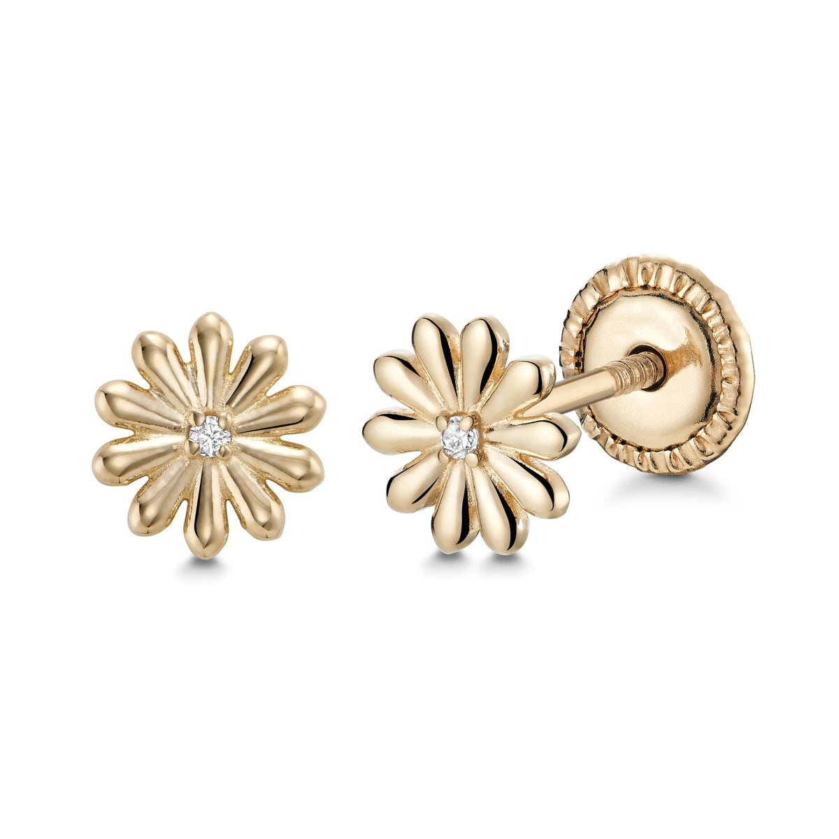 14k Yellow Gold Small Daisy Flower Earrings Stud with Diamond in Center Covered Screwback Closure