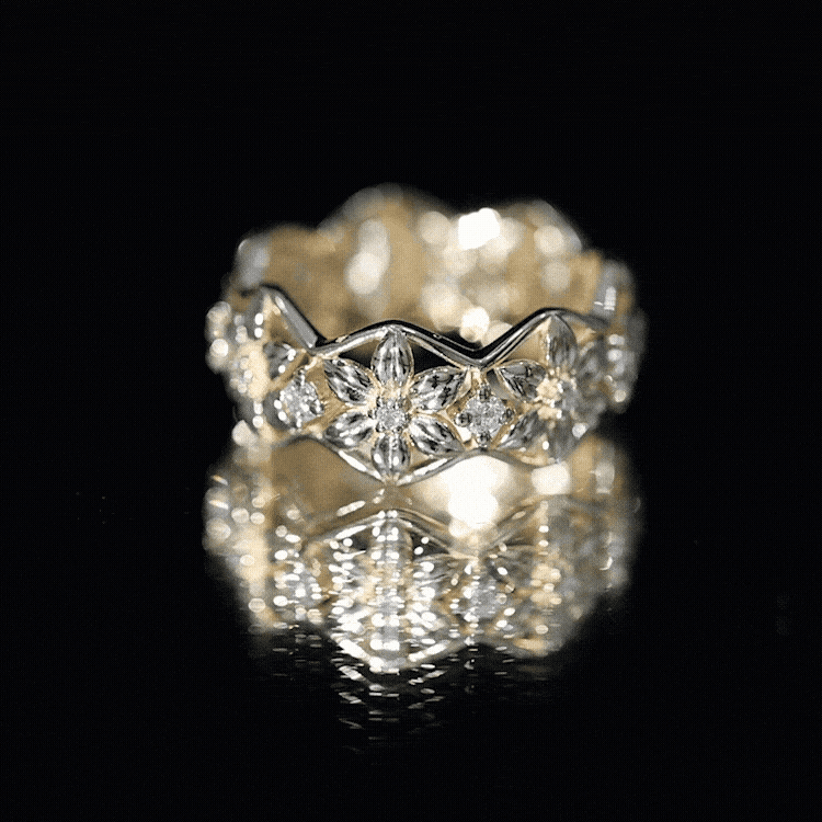 The Garden Party Solid Gold Band Natural Diamond Flower Wedding Ring
