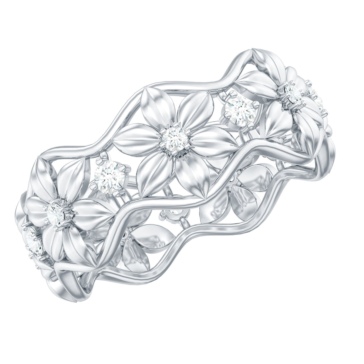 The Garden Party Solid Gold Band Natural Diamond Flower Wedding Ring