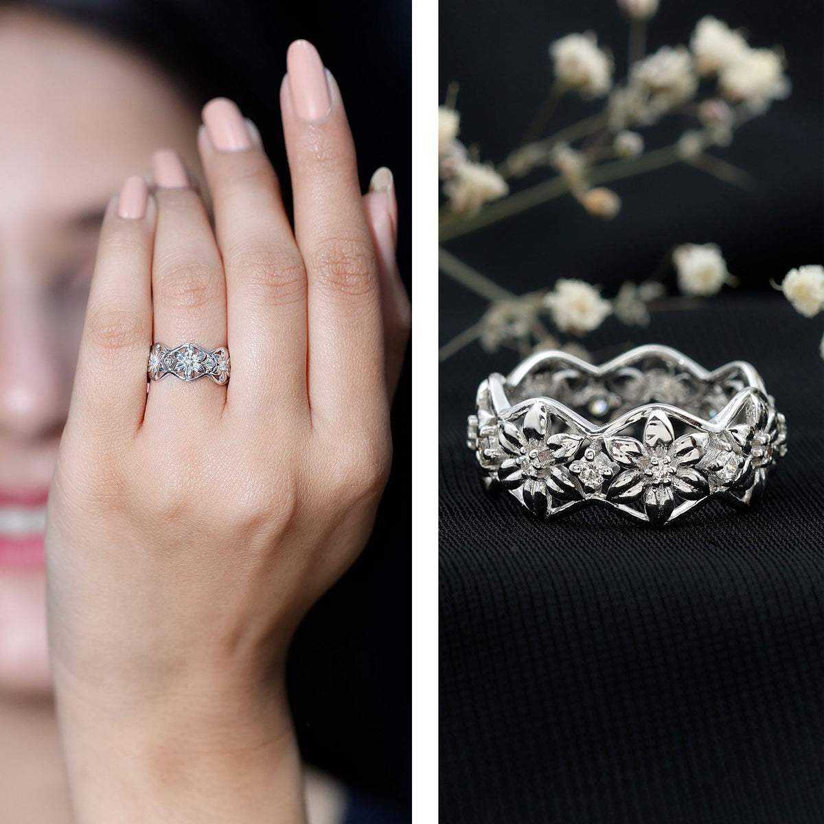 The Garden Party Solid Gold Band Natural Diamond Flower Wedding Ring