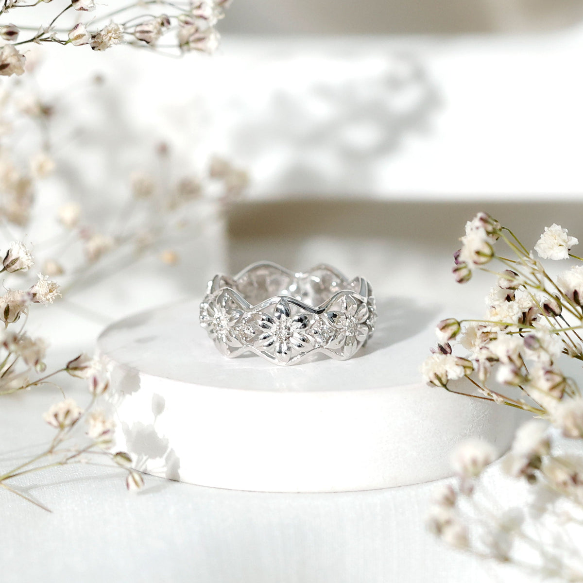 The Garden Party Solid Gold Band Natural Diamond Flower Wedding Ring