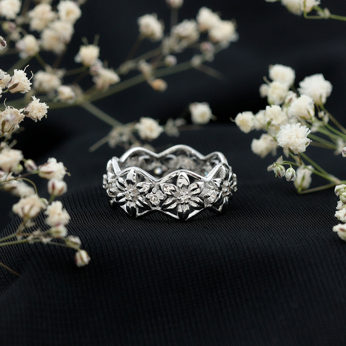 The Garden Party Solid Gold Band Natural Diamond Flower Wedding Ring