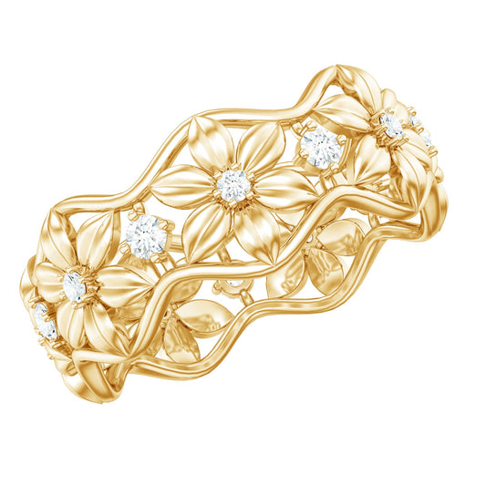The Garden Party Solid Gold Band Natural Diamond Flower Wedding Ring