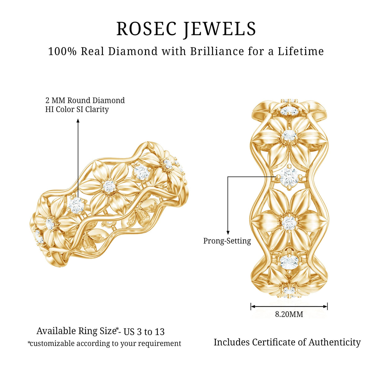The Garden Party Solid Gold Band Natural Diamond Flower Wedding Ring