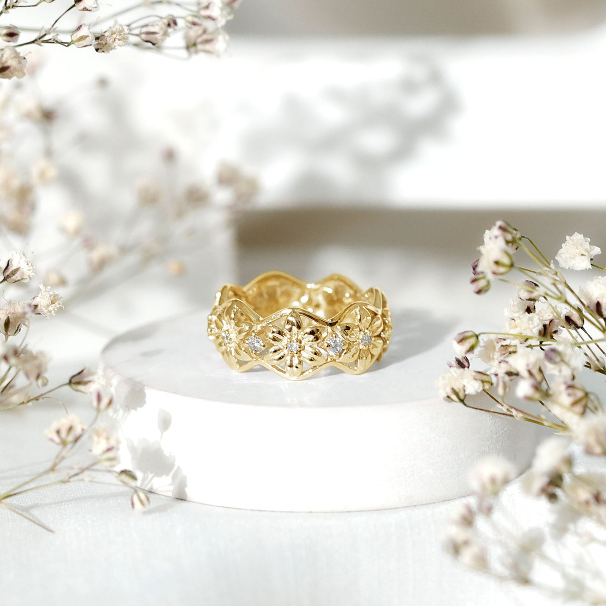 The Garden Party Solid Gold Band Natural Diamond Flower Wedding Ring