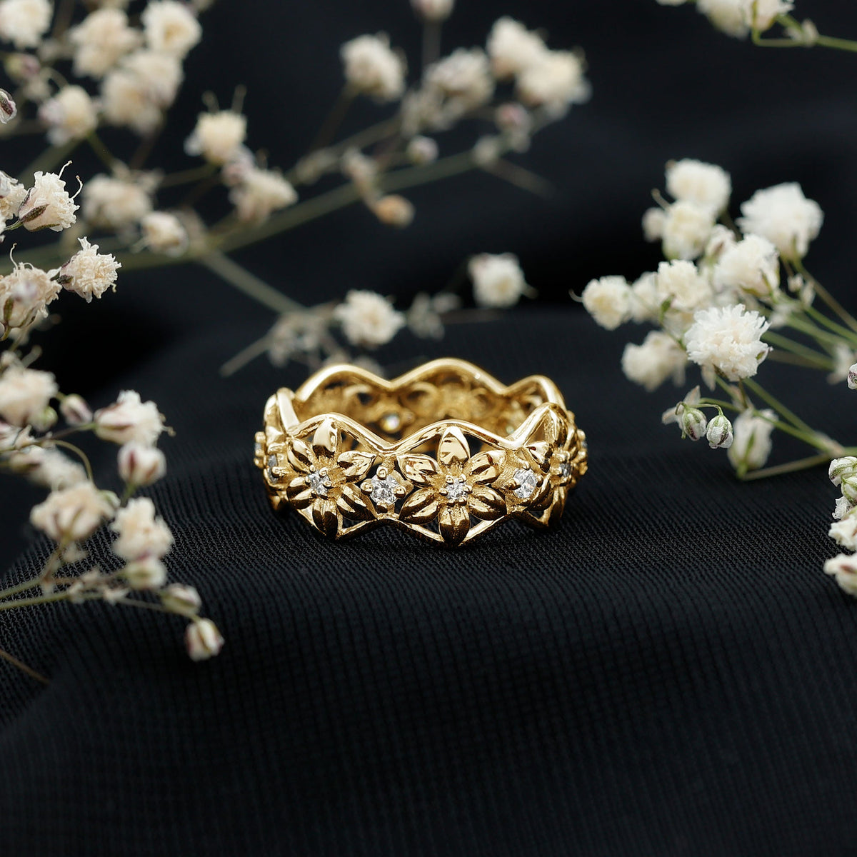 The Garden Party Solid Gold Band Natural Diamond Flower Wedding Ring