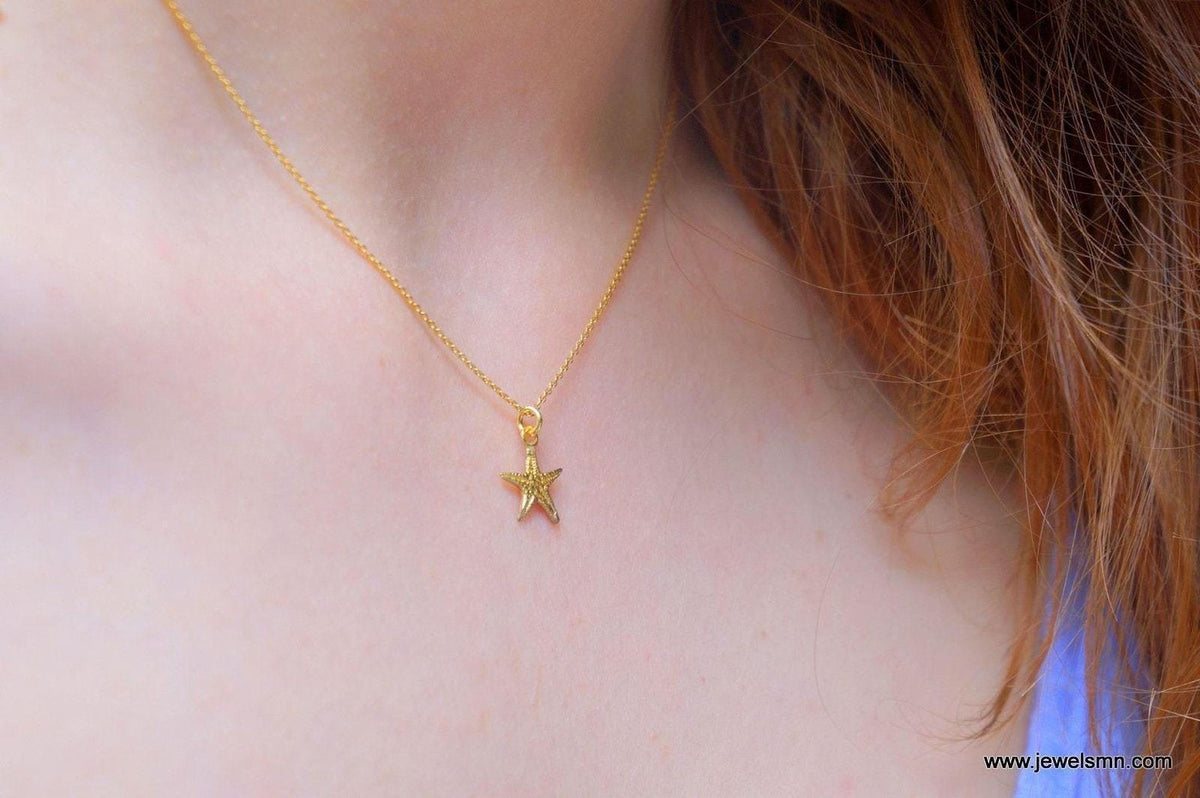 Solid Gold Starfish Pendant, Handmade Minimalist Jewelry, Ocean Pendant for Beach, Gift for Health and Longevity, Real Gold (9K, 14K, 18K)